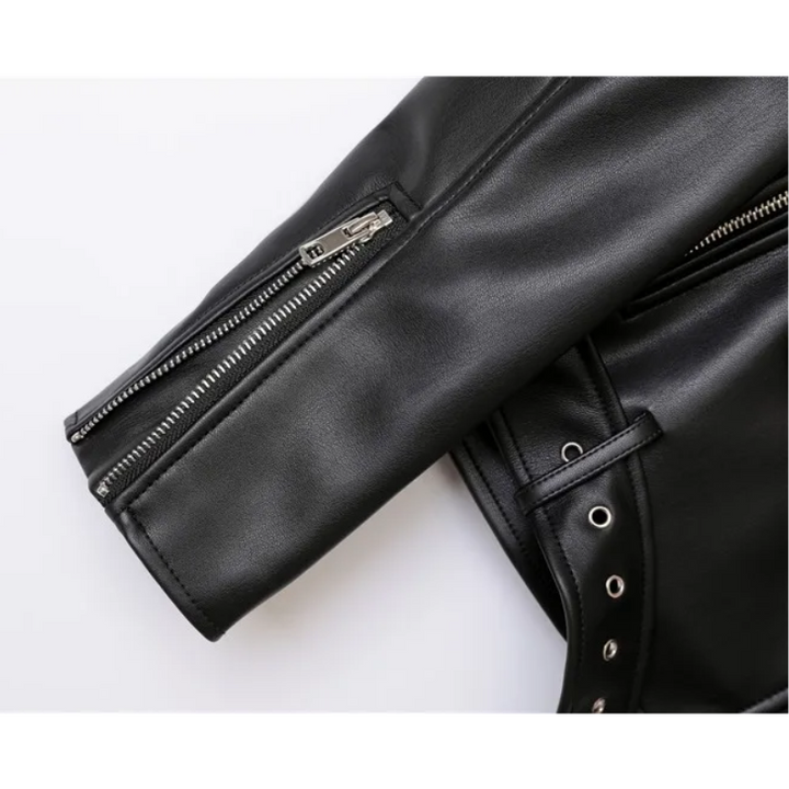 Drune | Damen-Biker-Lederjacke mit Reißverschlüssen und Gürtel