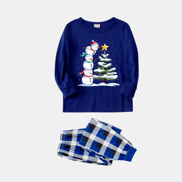 Drune | Marineblaues und weißes kariertes Weihnachts-Schlafanzugset mit Schneemann- und Weihnachtsbaumdruck