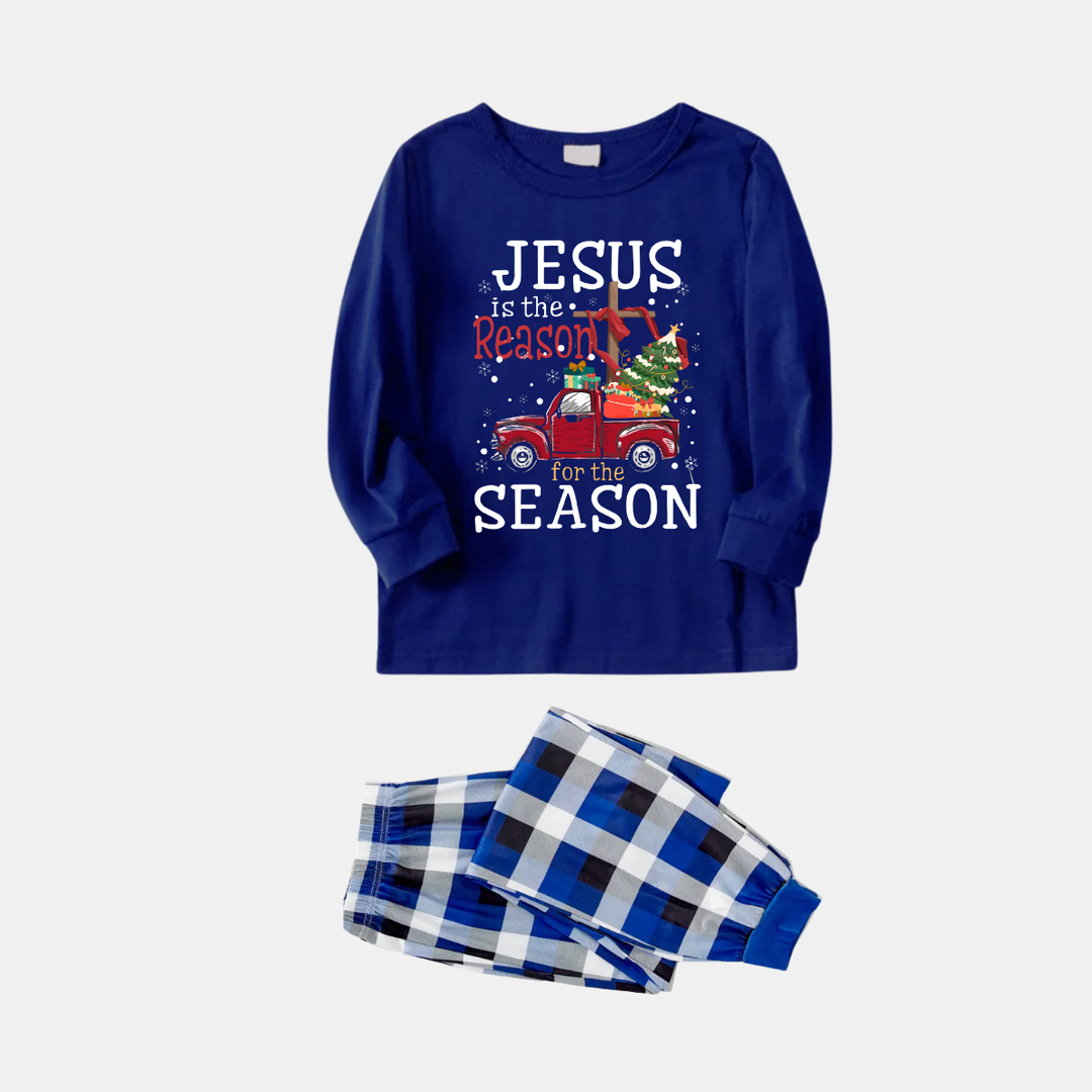 Drune | Navy & White Karierter Weihnachts-Pyjama-Set mit "Jesus ist der Grund für die Saison" Textdruck