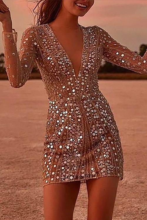 Drune | Rosiedress Tiefer V-Ausschnitt Netzärmel Mini Pailletten Clubkleid