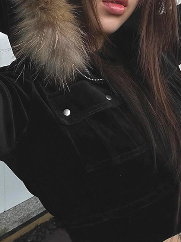 Drune | Furry Patchwork Kapuzen-Reißverschlussjacke