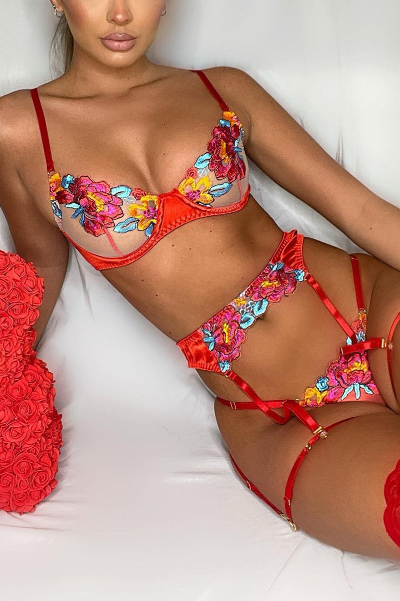 Drune | Satin Durchsichtige Blumen 3 Teile Lingerie Set