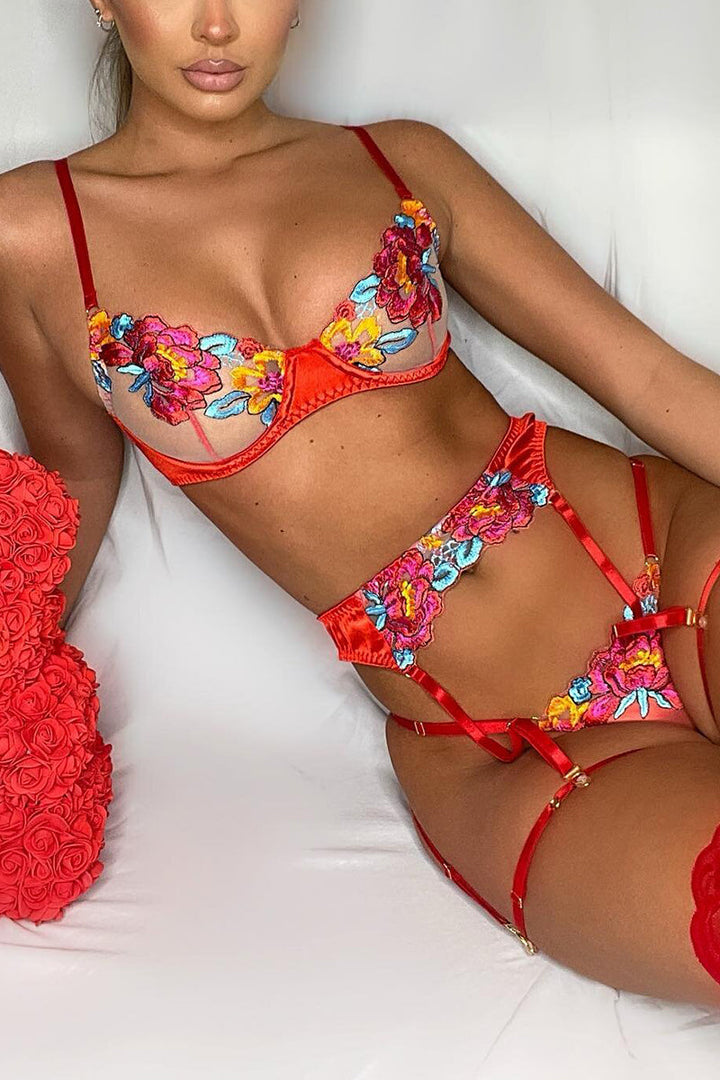 Drune | Satin Durchsichtige Blumen 3 Teile Lingerie Set