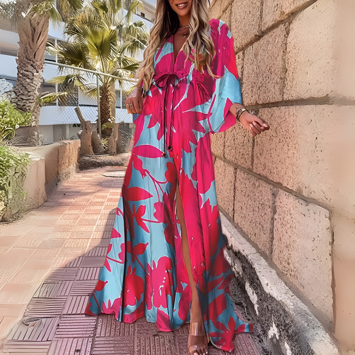 Drune | Luxuriöses Langärmeliges Boho Drucken Langes Kleid mit Gürtel