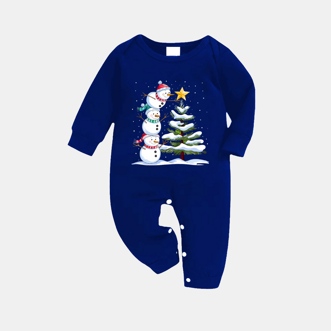 Drune | Marineblaues und weißes kariertes Weihnachts-Schlafanzugset mit Schneemann- und Weihnachtsbaumdruck