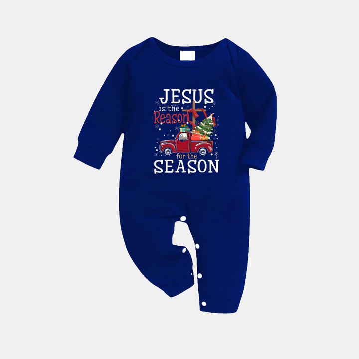 Drune | Navy & White Karierter Weihnachts-Pyjama-Set mit "Jesus ist der Grund für die Saison" Textdruck