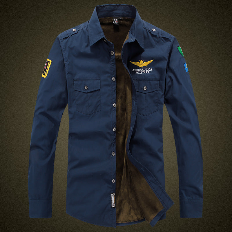 Herren  isolierte Military-Style Shirtjacke mit gestickten Patches und Kunstpelzfutter Drune