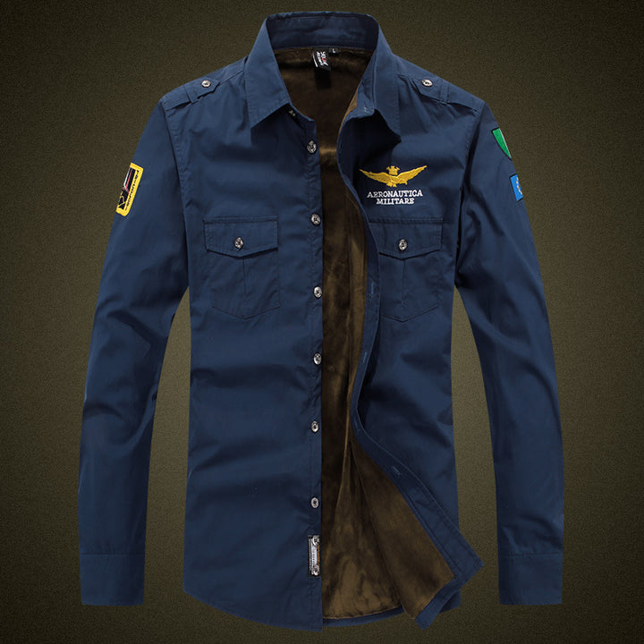 Herren  isolierte Military-Style Shirtjacke mit gestickten Patches und Kunstpelzfutter Drune