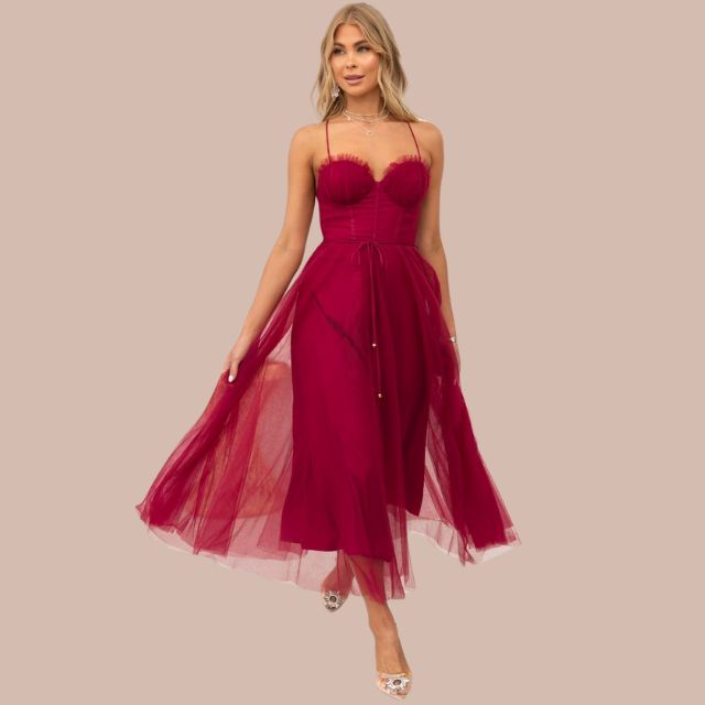 Drune | Spaghetti-Träger-Tüll-Midikleid