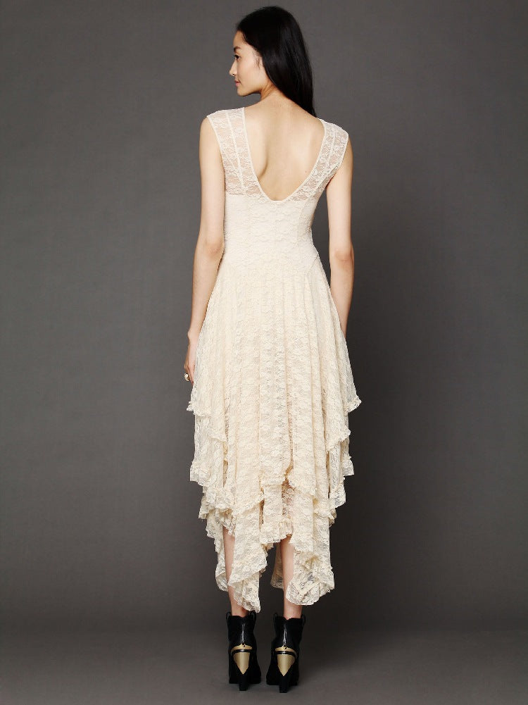 Damen Spitzen-Maxikleid mit lässigem Volantdesign und tiefem V-Ausschnitt Drune
