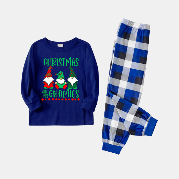 Drune | Marineblaues und weißes karierter Weihnachts-Pyjama-Set mit "Weihnachten mit meinen Gnomies" Textdruck