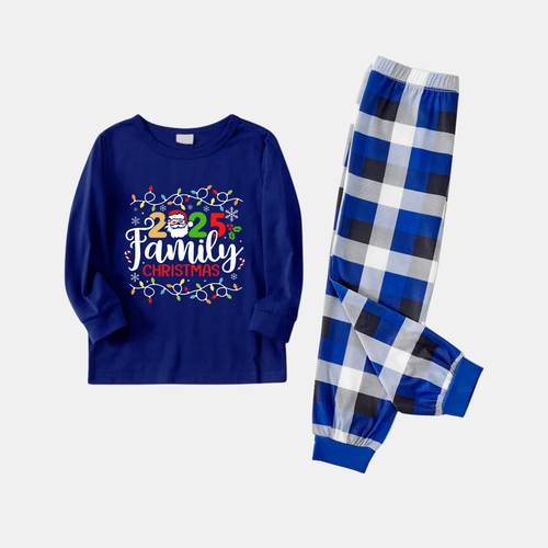 Drune | Marineblaues & Weißes Karomuster Weihnachts-Pyjama-Set mit Weihnachtslichtern und 