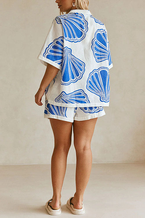 Drune | Rosiedress V-Ausschnitt Kurzarmshirt und Shorts mit Kordelzug Taillierung Muscheldruck Set