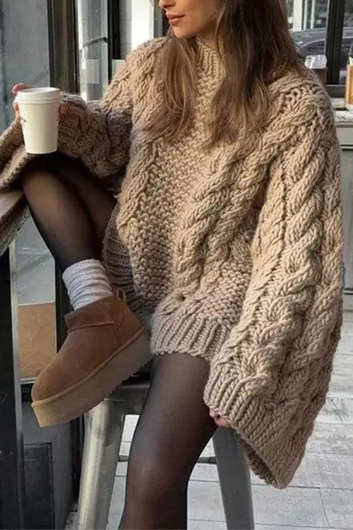 Drune | Rosiedress Rundhals Übergroße Zopfmuster Pullover