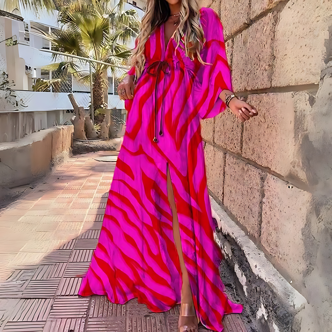 Drune | Luxuriöses Langärmeliges Boho Drucken Langes Kleid mit Gürtel