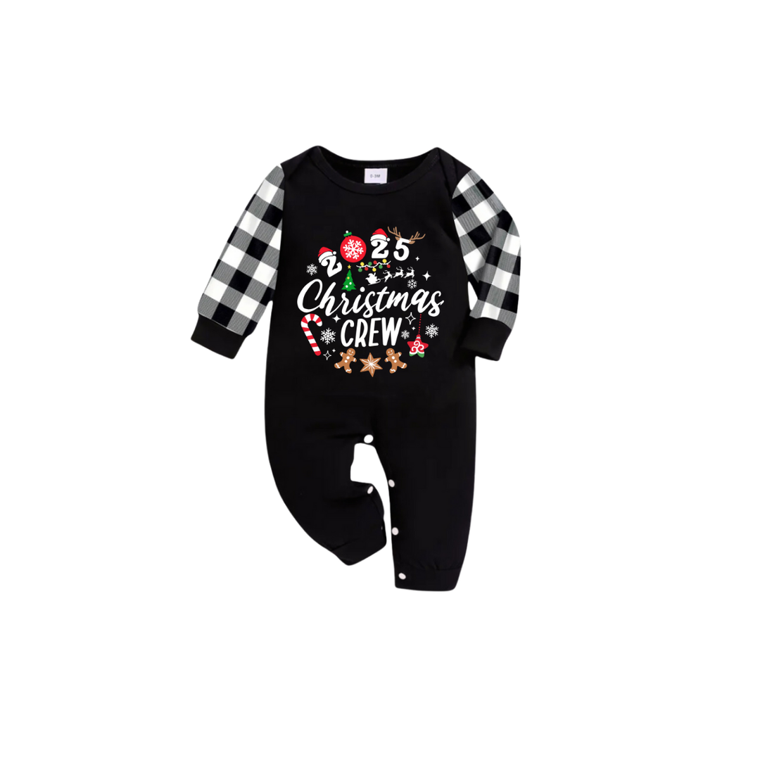 Drune | Weihnachts Crew 2025 Familien Schlafanzug Set - Schwarzes Oberteil Schwarze und Weiße Karierte Hose Zuckerstange und Plätzchen Grafik