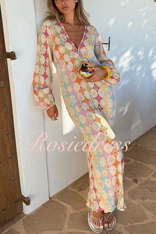 Drune | Rosiedress V-Ausschnitt Laternenärmel Geometrischer Druck Maxi-Kleid