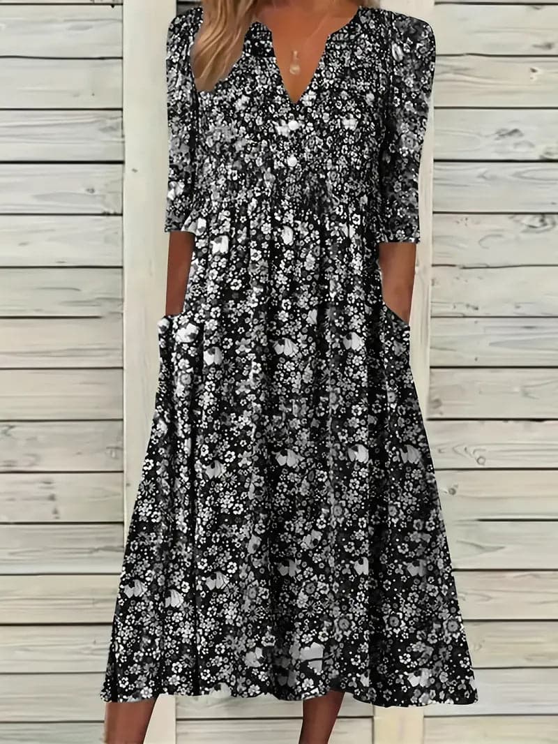 Drune | Midikleid A-Linie Passform V-Ausschnitt 3/4 Ärmel Blumenmuster