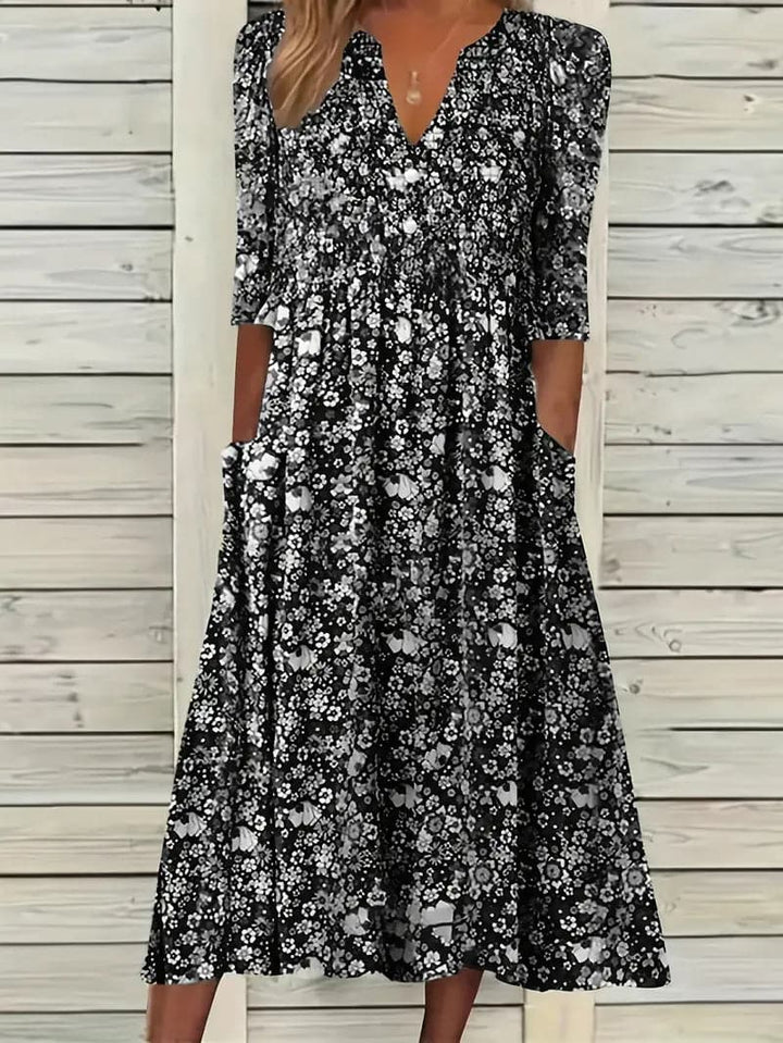Drune | Midikleid A-Linie Passform V-Ausschnitt 3/4 Ärmel Blumenmuster