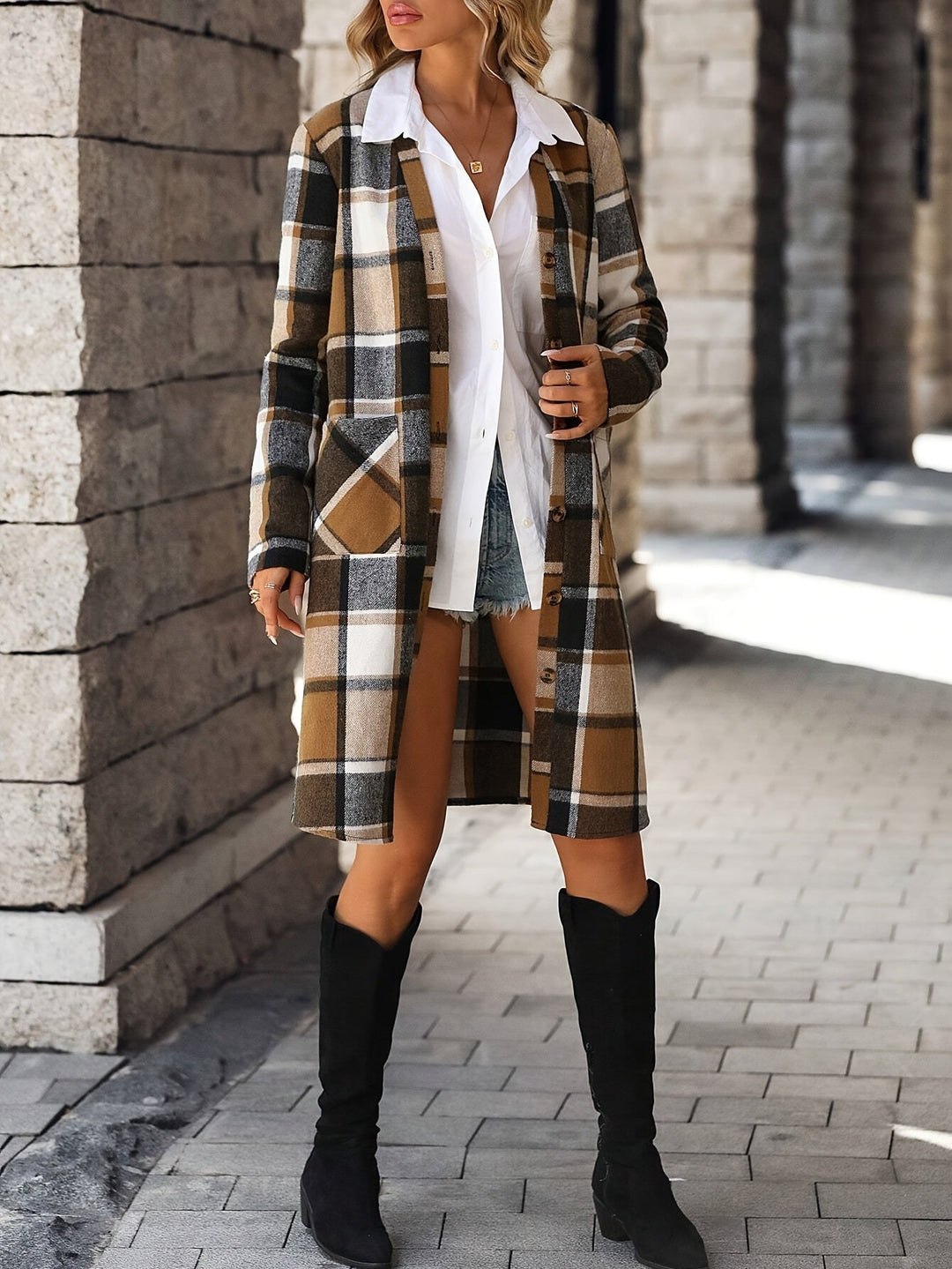 Drune | karierter Trenchcoat mit offenem Vorderteil und vielseitigem Stil für Damen - Perfekt für Lässige Tage
