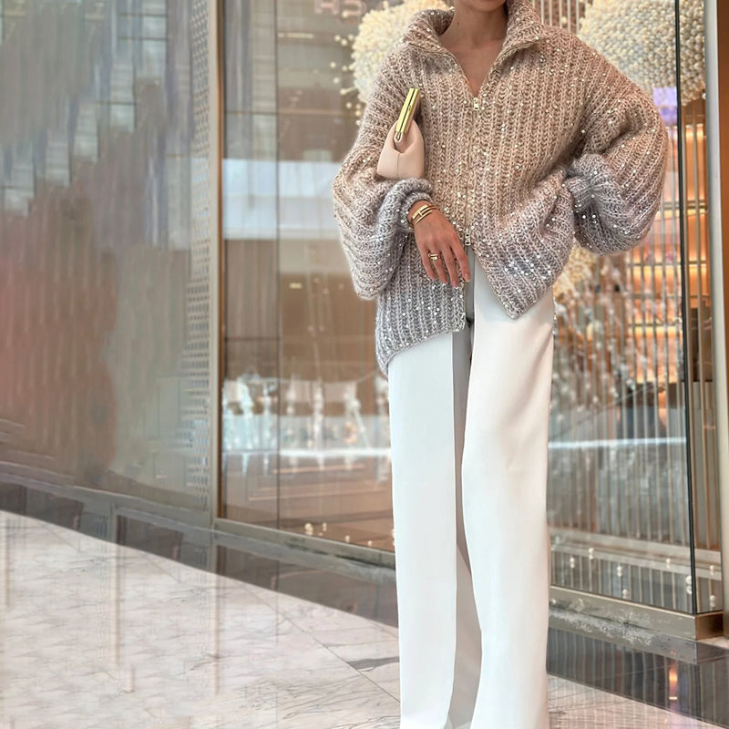 Drune | Strickpullover mit Pailletten Ballonärmel Elegant und Handstrick-look