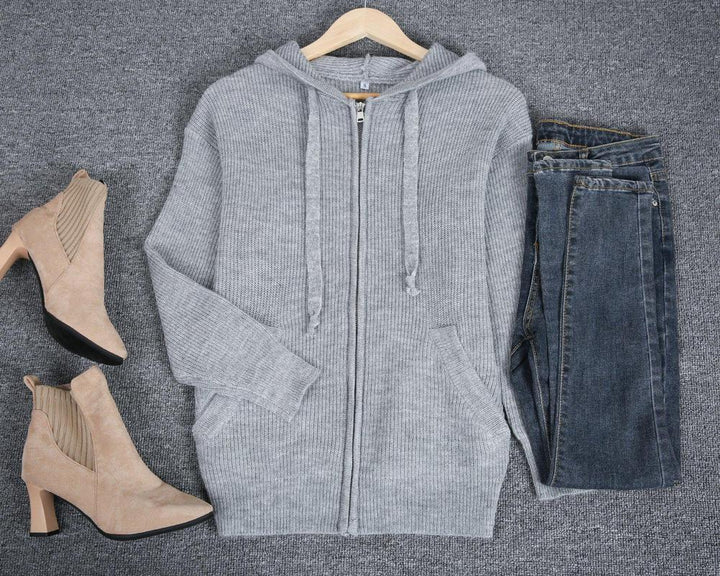 Drune | Grau Strick Hoodie mit Reißverschluss Wolle Komfortabel und Warm