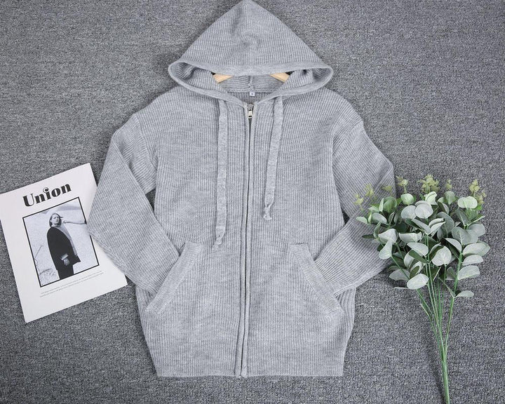 Drune | Grau Strick Hoodie mit Reißverschluss Wolle Komfortabel und Warm