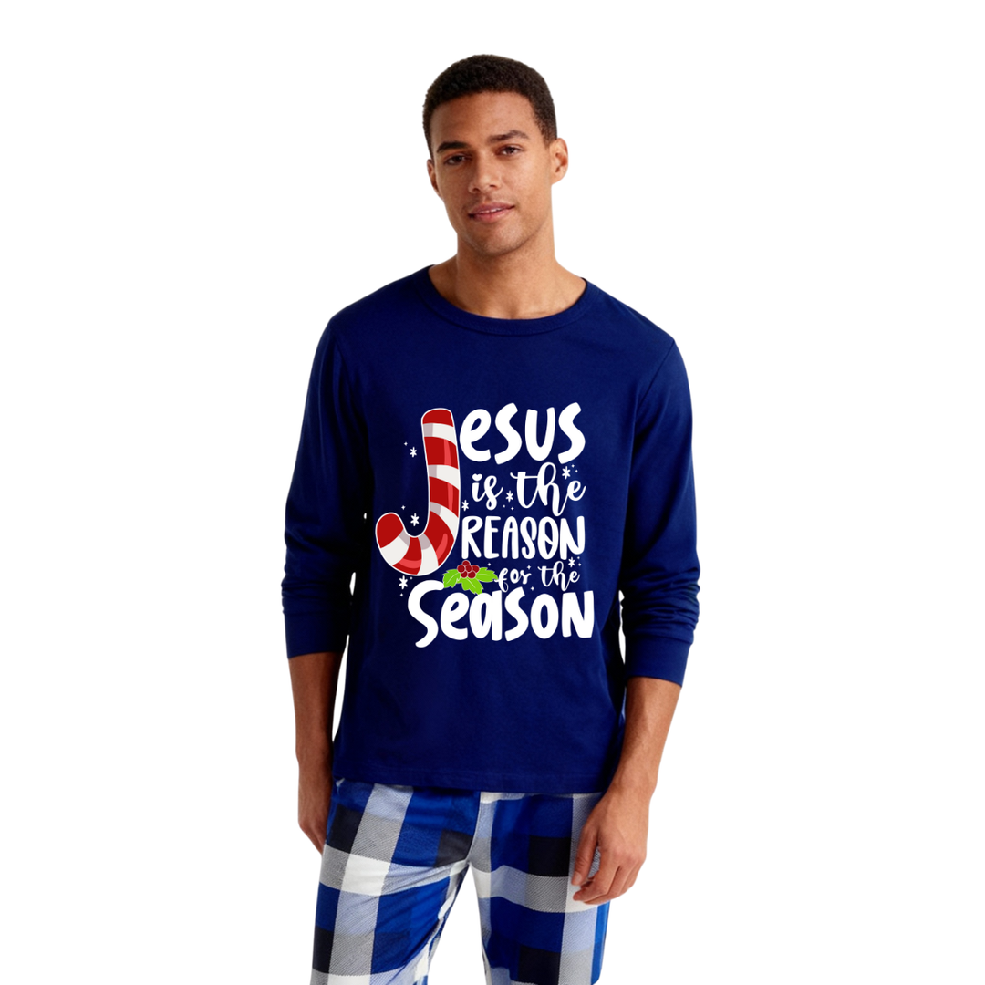 Drune | Weihnachten Jesus Weiße Buchstaben Druck Kontrast Blau Langarm-Shirt mit Blau und Weißen Karotten Hosen Familie Übereinstimmende Pyjamas