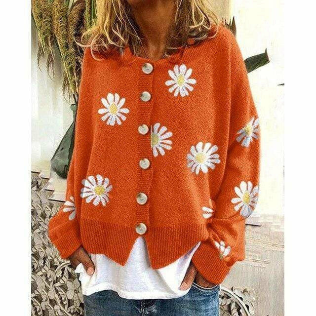 Drune | Strickjacke - Damen Herbst Blumen Knopf-Überzieh Strickjacke