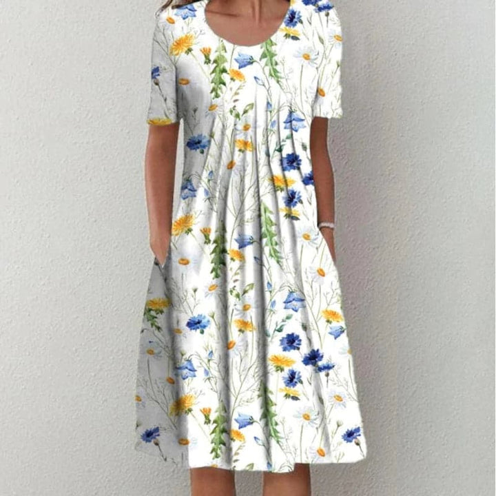 Drune | Kleid A-Linie Passform Knielang mit Kurzen Ärmeln Blumenmuster mit Taschen
