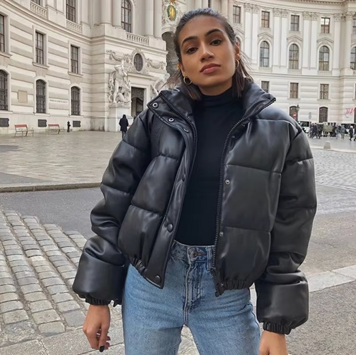 Drune | Cropped Vegane Leder Pufferjacke Kühne und Warme Streetwear Optik