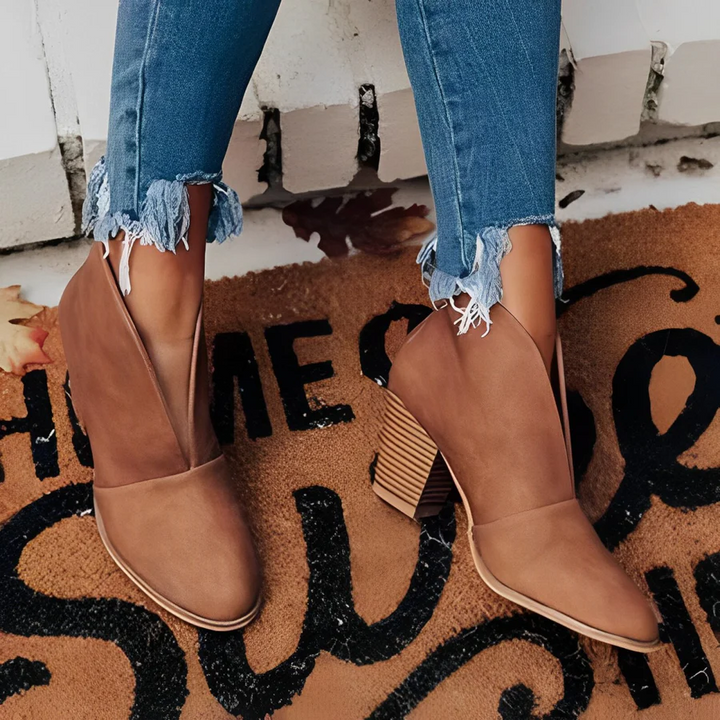 Drune | Damen Hohe Ferse Ankle Boots, V-form Öffnung, Slipper, Chic und Elegant
