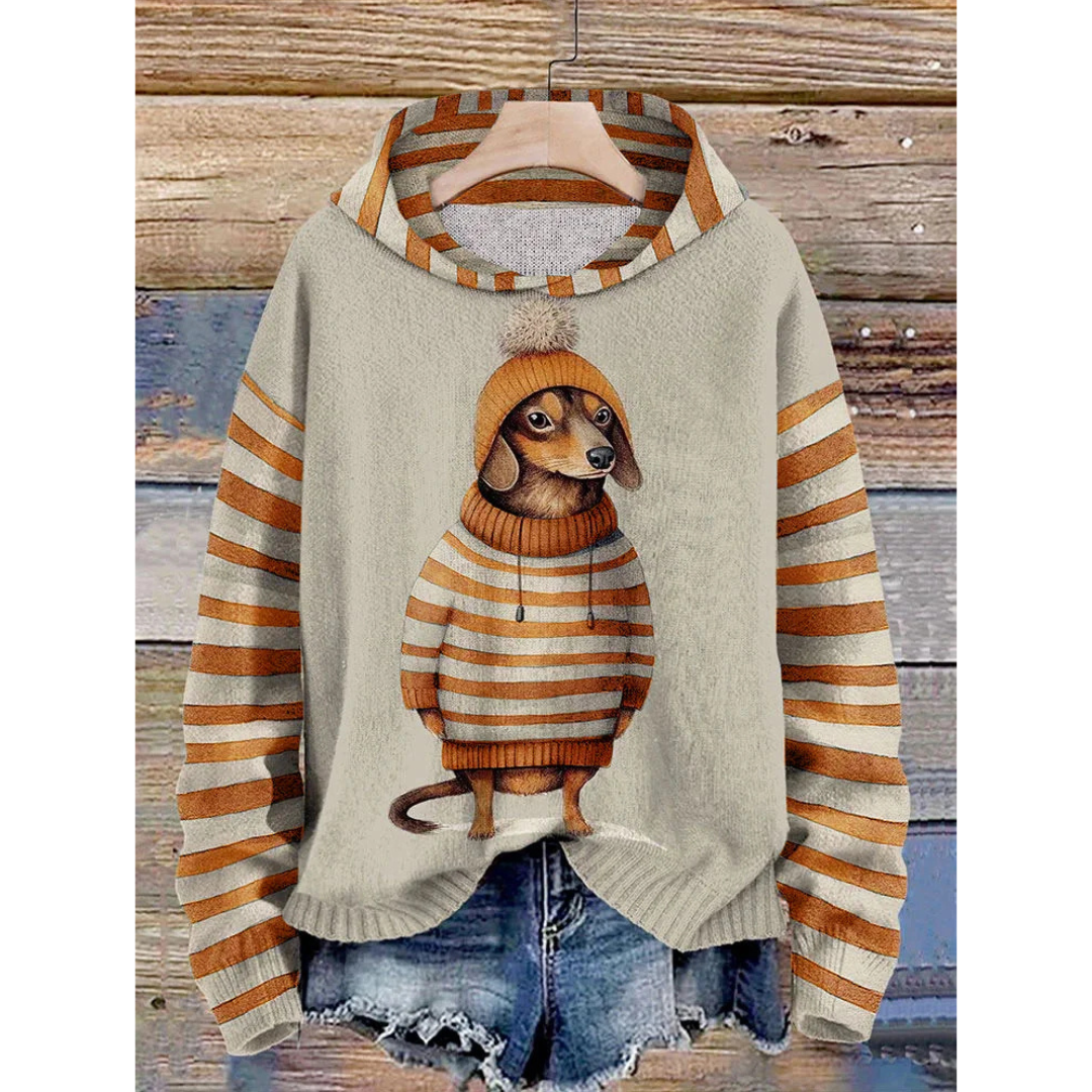 Drune | Damen Relaxed Fit Fleece Gefühl Hund Druck Gestreifte Ärmel