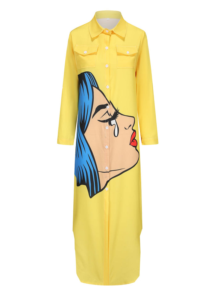 Drune | Kleid mit Gesichtsdruck und Kragen in Gelb