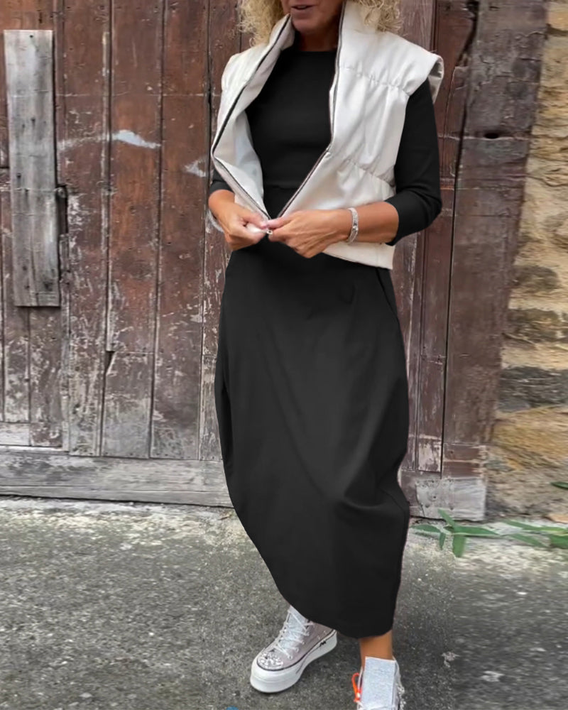 Drune | Schlichtes Einfarbiges Elegantes Kleid mit Langen Ärmeln und Tasche