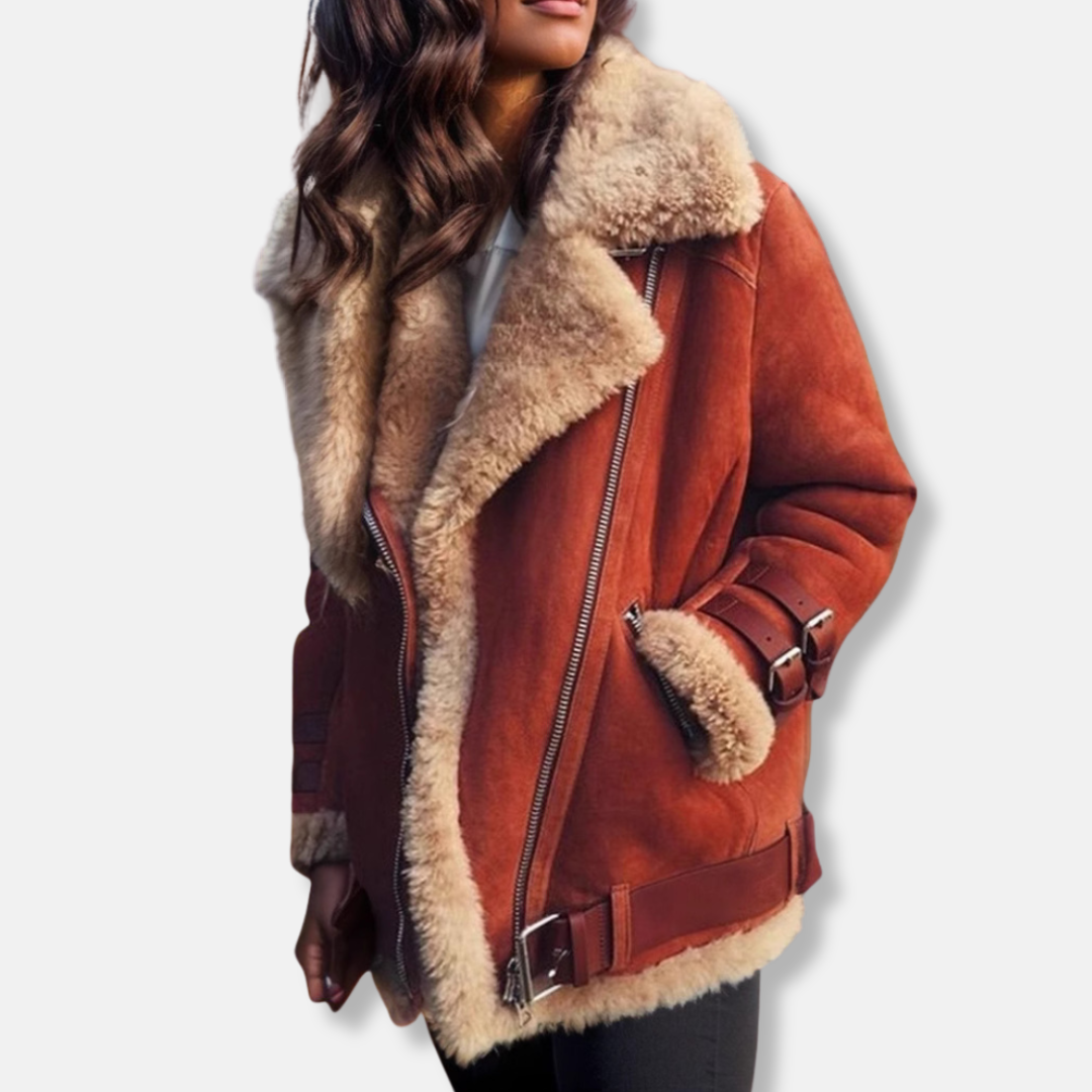 Drune | Damenmantel – Oversized Fit – Plüsch Baumwolle – Kunstfellbesatz – Reißverschluss – Schnalle Detail