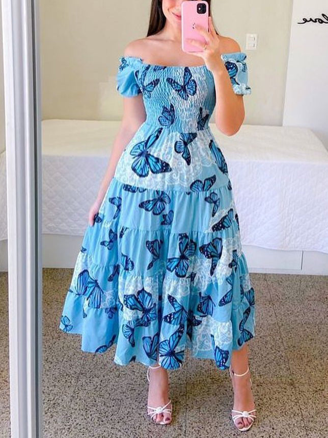 Drune | Mode Kurzärmelig Bedruckt Ausgestelltes Midi Kleid