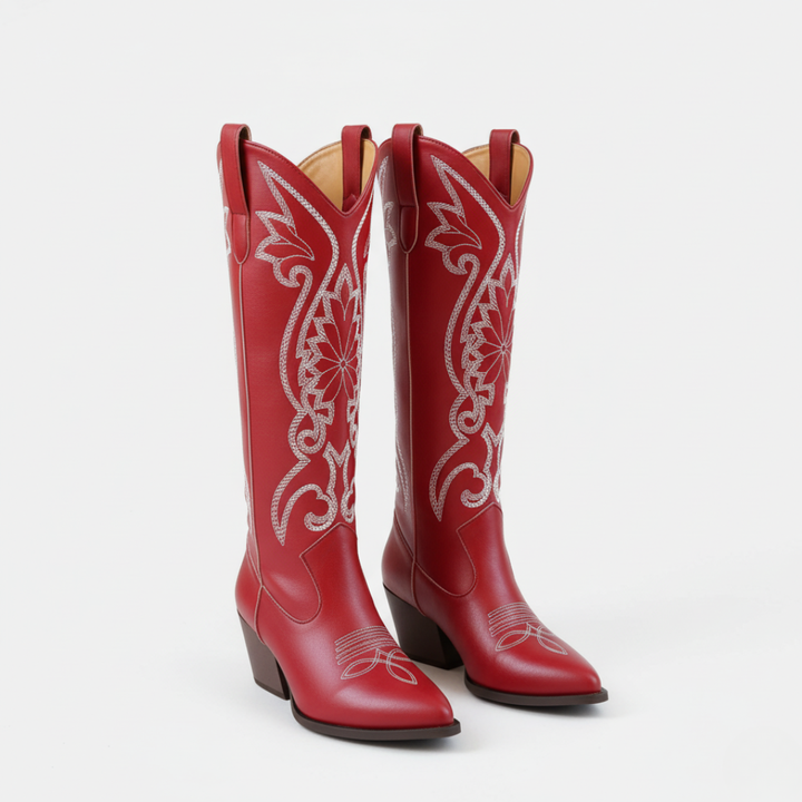 Drune | Stiefel - Kunstleder - Knielang - Bestickt Western - Blockabsatz