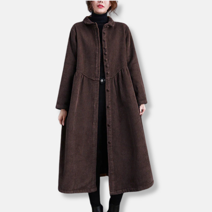Drune | Damen Langmantel – Cord-Optik – Lockere A-Linie Passform – Hoher Hals – Midi-Länge