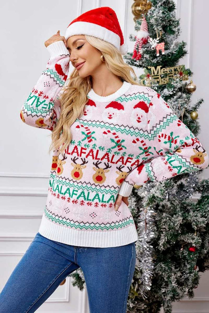 Drune | Locker Sitzende Rundhals Weihnachts Cartoon Strickpullover - Pink