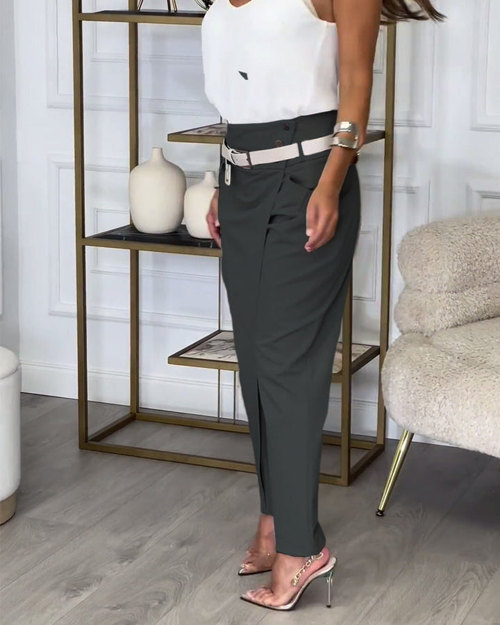 Damen Hose Einfarbig Patchwork Mit Taschen