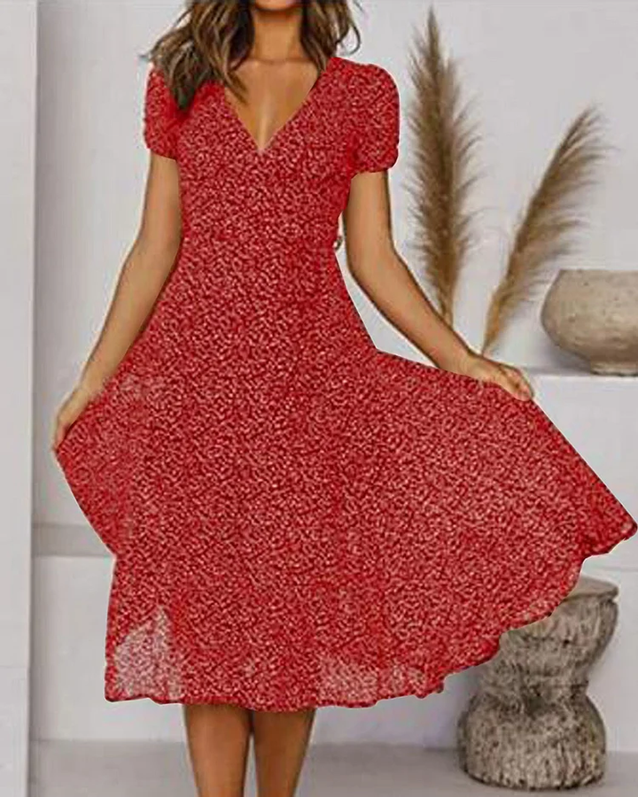 Drune | Druckseide Chiffonkleid mit Kurzen Ärmeln und V-Ausschnitt für Damen
