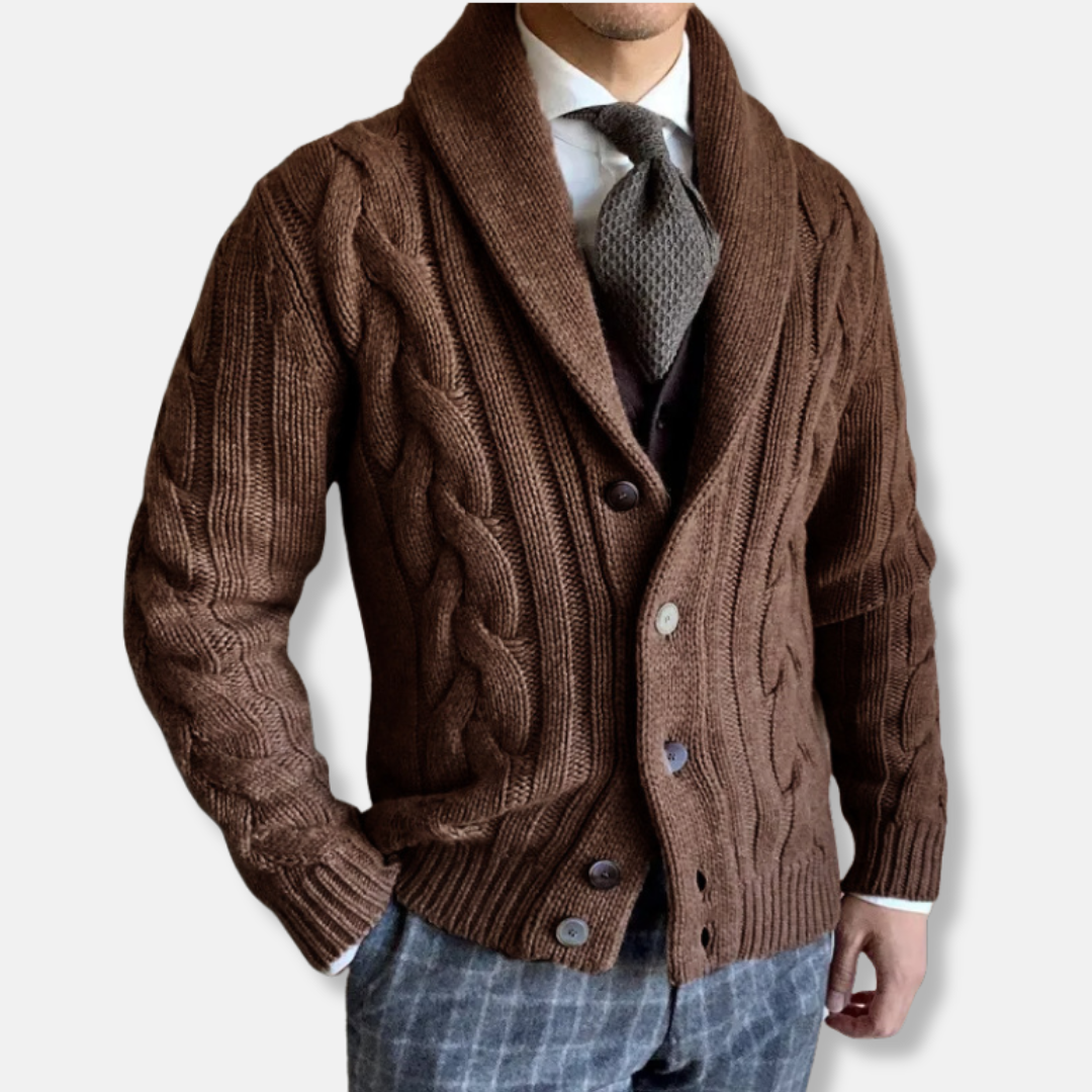 Drune | Strickjacke Wollmischung Reguläre Passform Kabelstrick Schalkragen Knopfverschluss