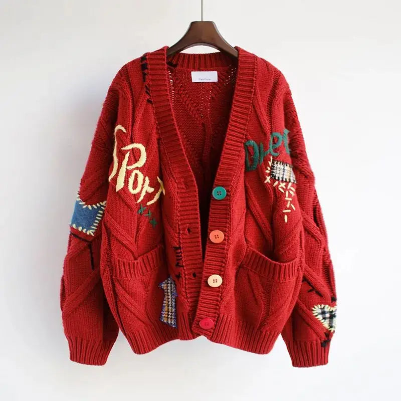 Drune | Gestrickte V-Ausschnitt Damenjacke mit Stickerei