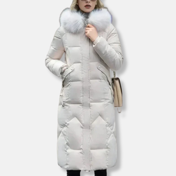 Drune | Damen Wattierte Jacke – Schmaler Schnitt – Ge quiltetes Design – Abnehmbarer Pelzkragen – Voller Länge