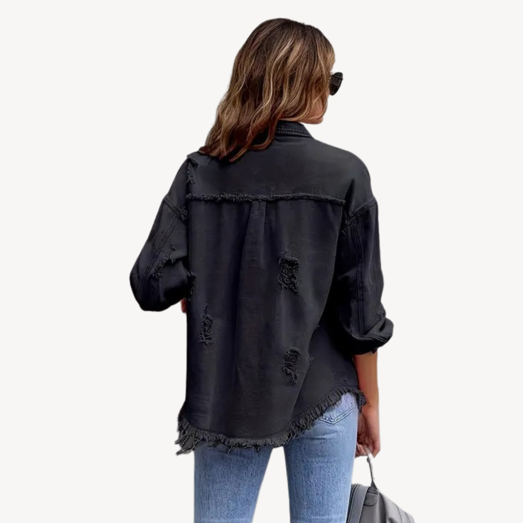 Drune | Schwarze distressed Denim Button-Up Jacke