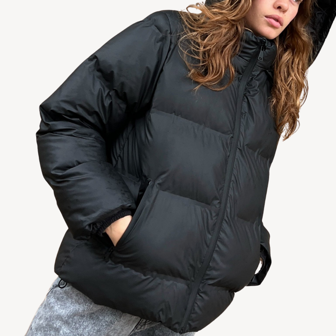 Drune | Damen Schwarze Kapuzen-Puffermantel Winter Polyester Jacke