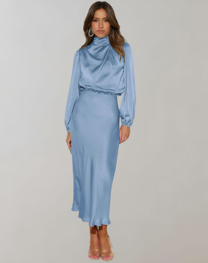 Drune | Klassisches Satin Kleid Mit Hohem Kragen Und Langen Ärmeln Für Frauen