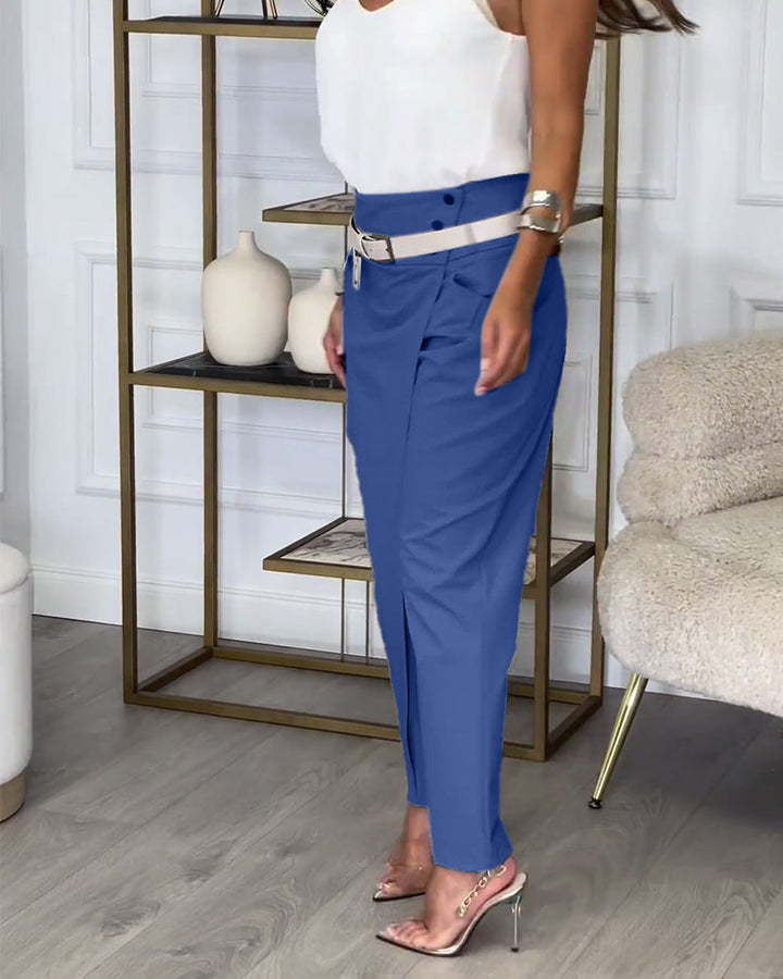 Drune | Stilvolle Einfarbige Hosen mit Taschen und Quer Verlaufendem Design