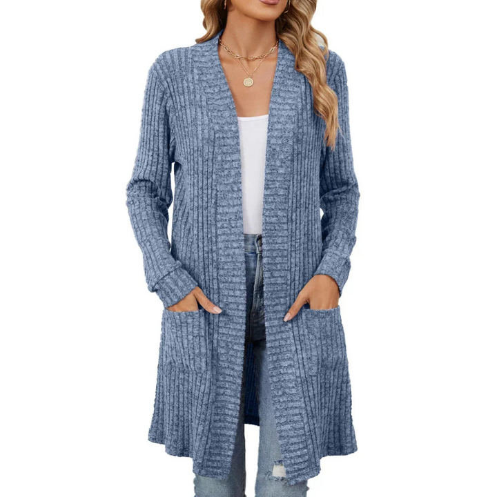 Drune | Lange Strickjacken Damen Gerippte Offene Vorderseite Jacke mit Taschen